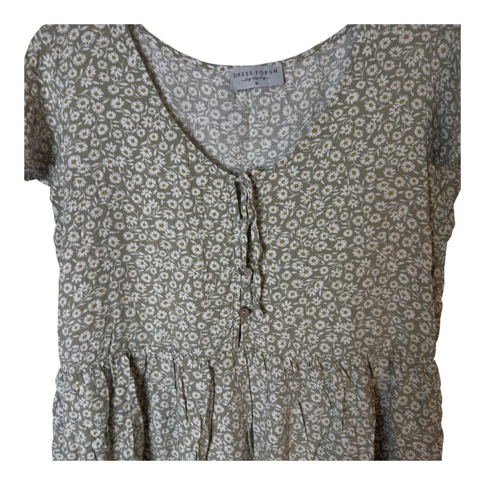 Dress Forum Los Angeles Floral Daisy Print Tiered Mini Dress Green Boho Summer M